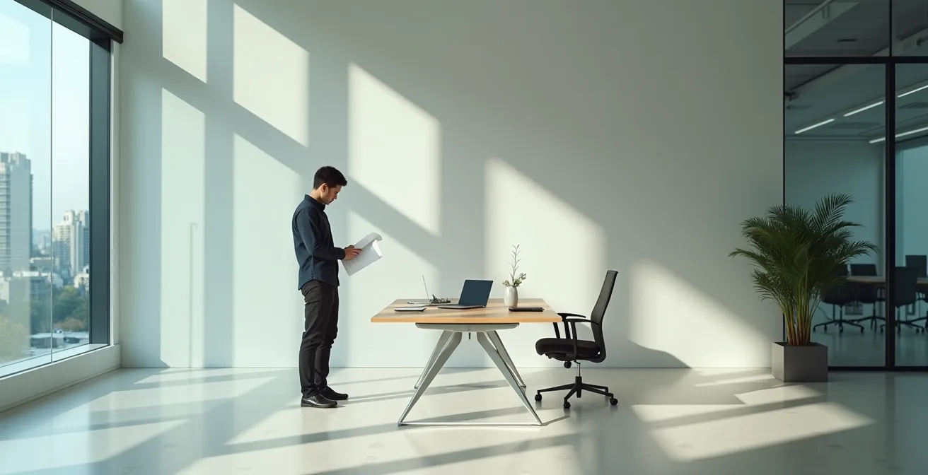 Jeune alternant dans un environnement de bureau moderne symbolisant l'équilibre entre formation et travail
