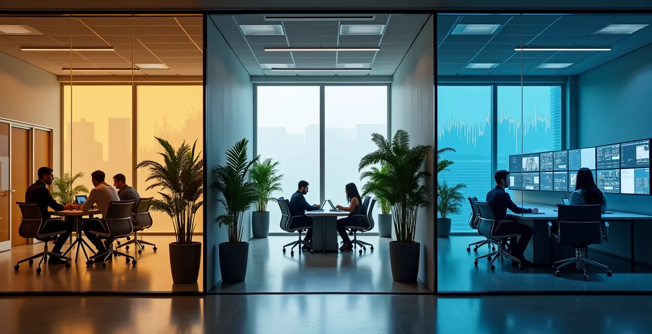 Espace de travail moderne montrant différents environnements de bureau en perspective