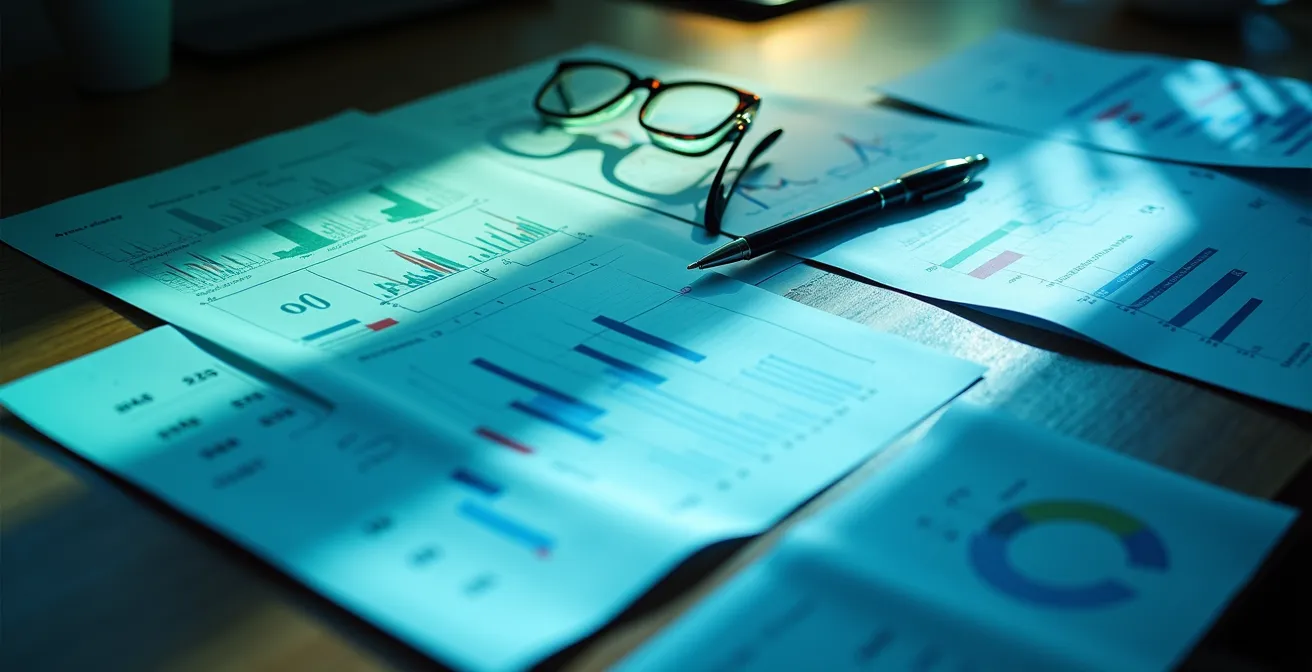 Vue en plongée d'un bureau avec documents papier éparpillés et reflets de lumière colorée suggérant l'analyse de données
