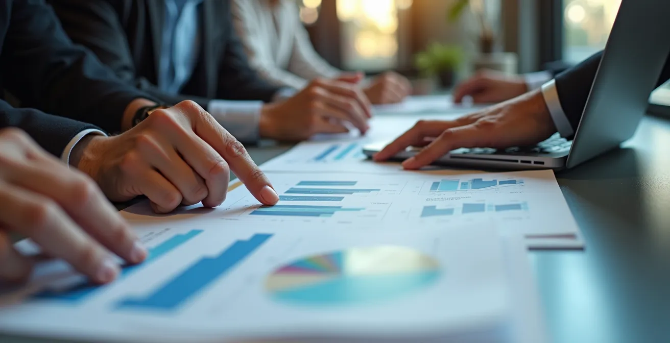 Mains analysant des documents avec un ordinateur portable fermé montrant des graphiques de rotation d'employés