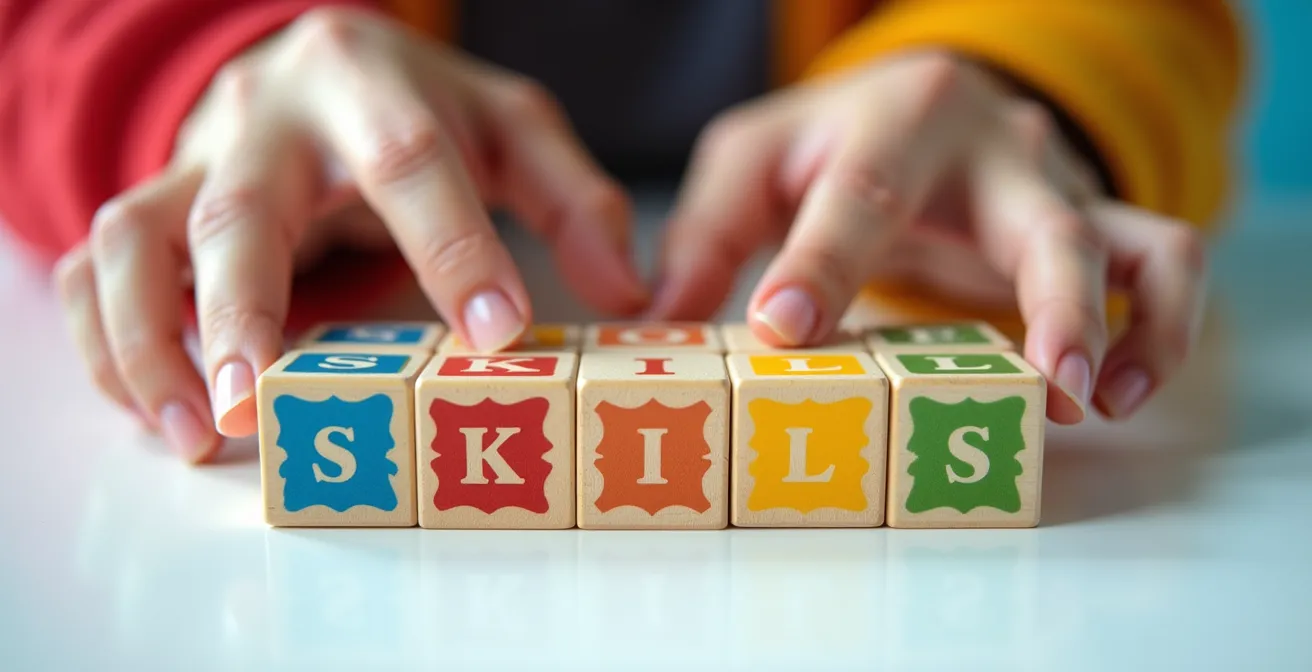 Mains assemblant des pièces de puzzle colorées représentant différentes compétences professionnelles