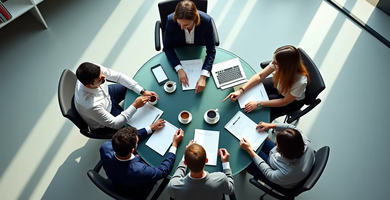 Vue aérienne de professionnels en réunion autour d'une table ronde dans un bureau moderne
