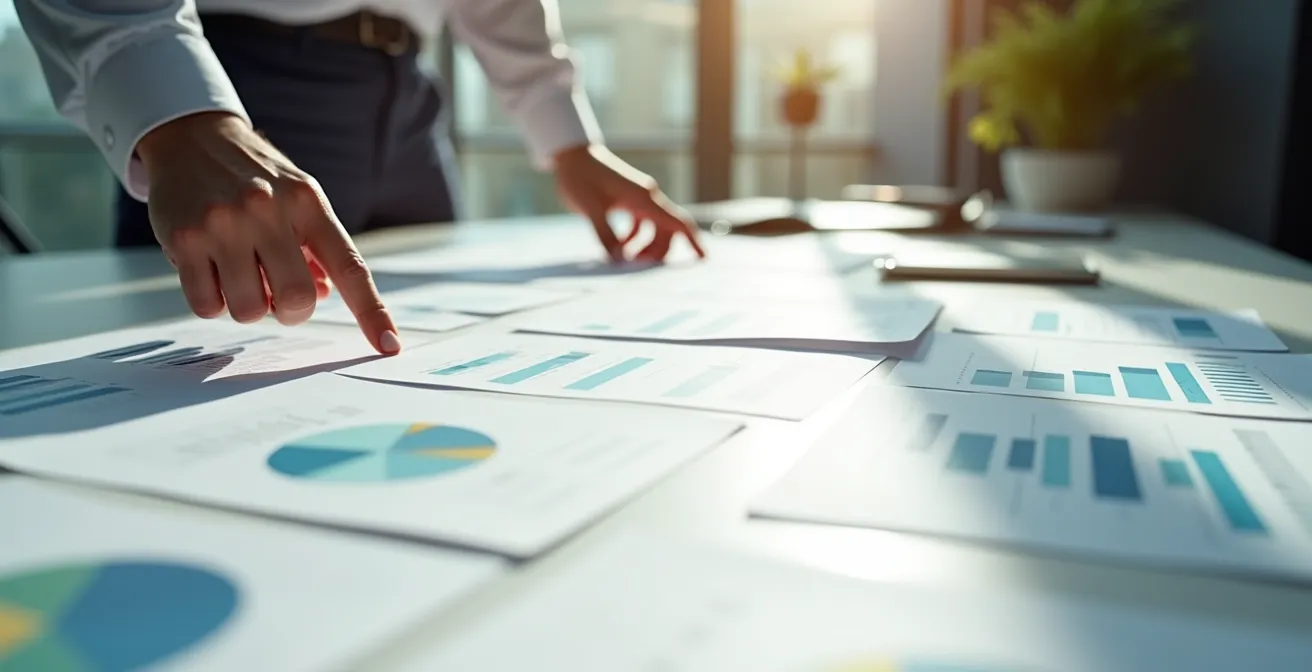 Bureau avec documents d'analyse d'entreprises et graphiques disposés sur une table