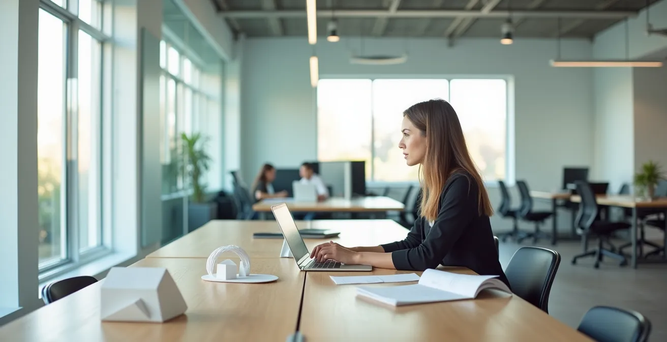 Professionnel en apprentissage autonome dans un environnement de bureau moderne