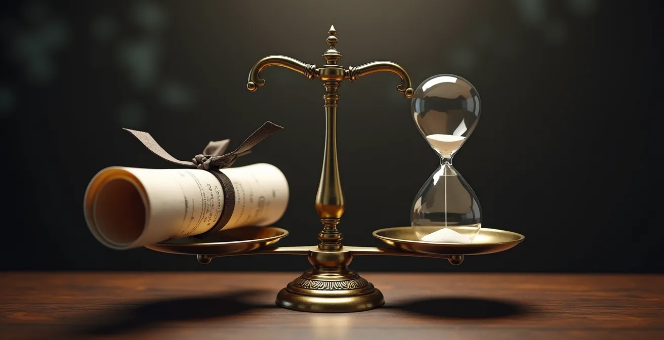 Métaphore visuelle du paradoxe de l'expérience avec balance déséquilibrée entre diplôme et expérience