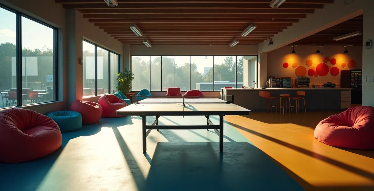 Un espace de détente vide dans un bureau moderne avec un babyfoot inutilisé au premier plan