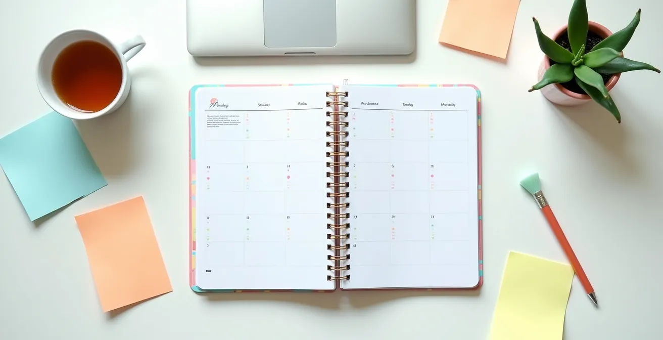 Vue aérienne d'un bureau organisé avec agenda ouvert et post-its colorés représentant un système de suivi des contacts réseau