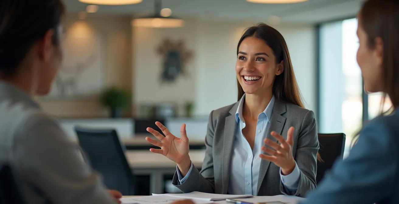 Professionnel confiant présentant son parcours d'évolution avec des éléments visuels de progression