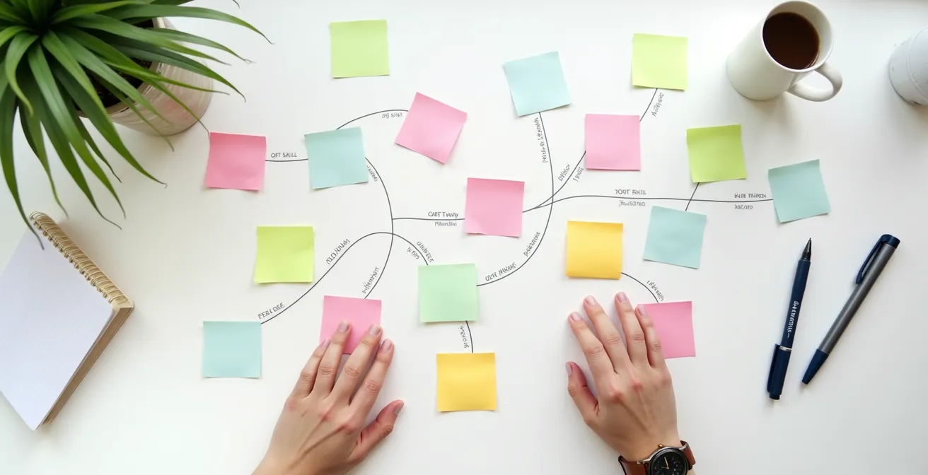 Personne préparant des exemples concrets de soft skills avec des post-it colorés