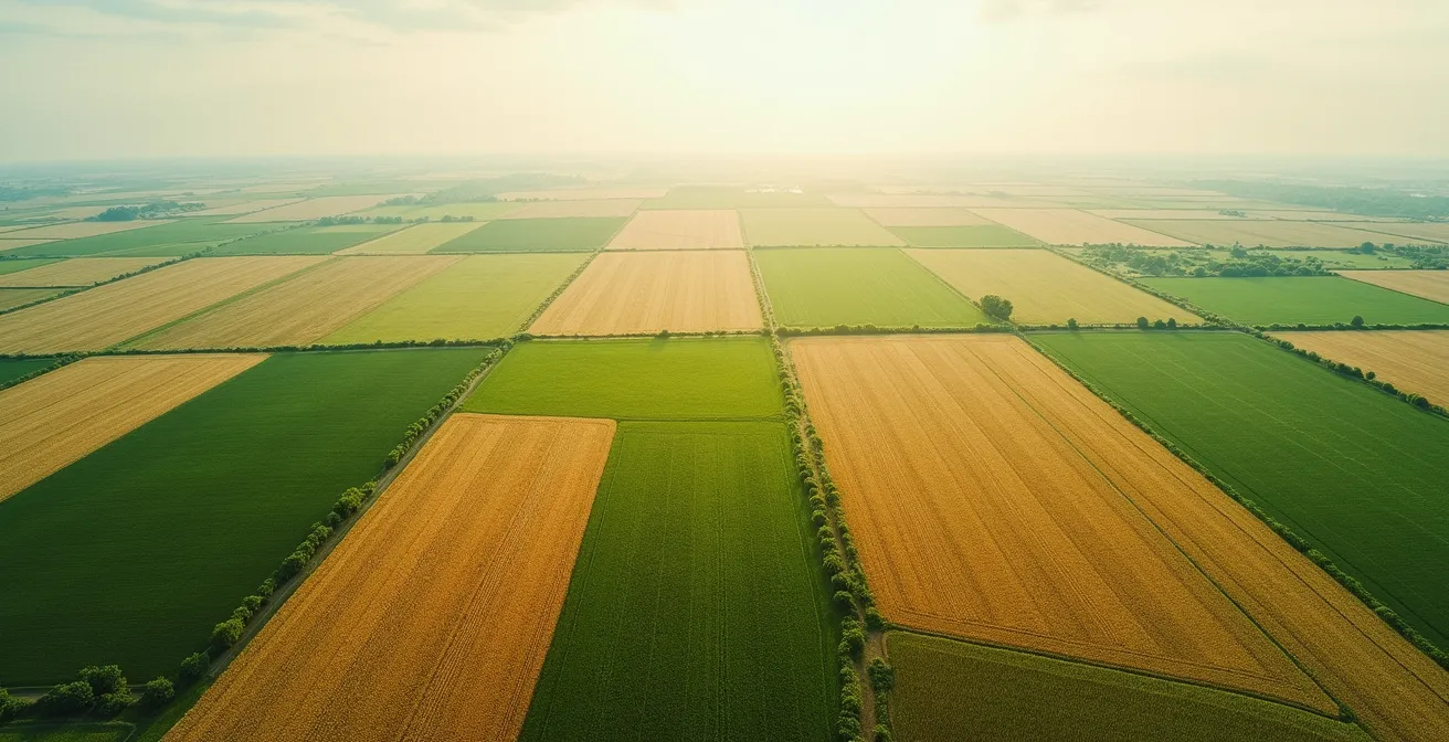 Vue aérienne abstraite d'un territoire avec différentes zones colorées représentant la diversité des aides régionales