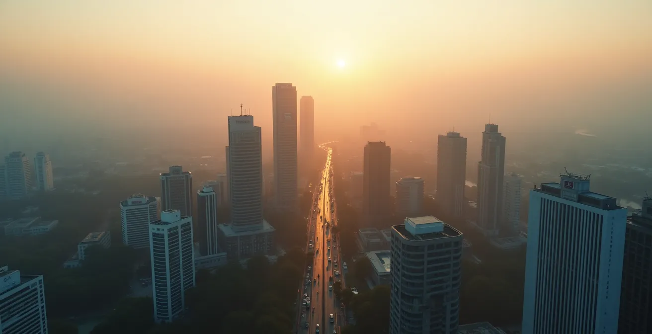 Vue aérienne d'une ville moderne avec des zones d'activité interconnectées représentant les écosystèmes professionnels