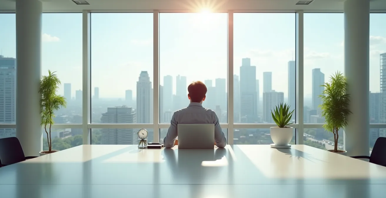 Bureau moderne avec vue panoramique montrant un jeune professionnel travaillant sereinement avec des éléments symbolisant la croissance