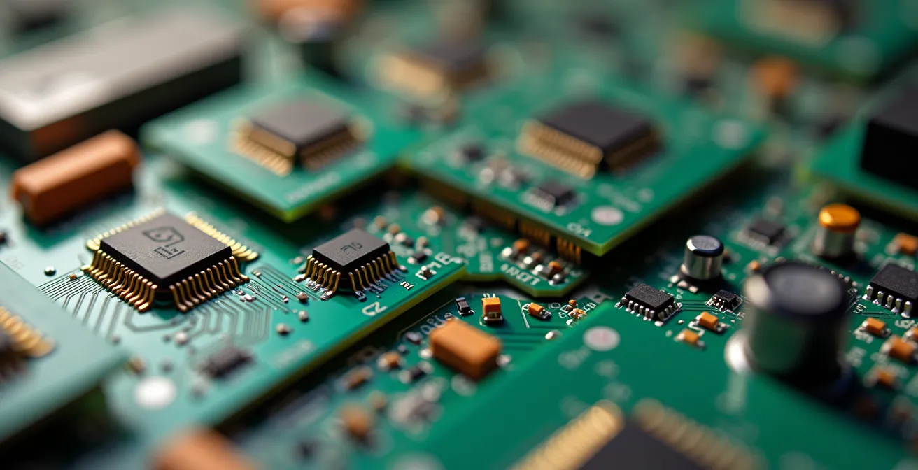 Vue macro de cartes de circuits imprimés avec des composants électroniques colorés