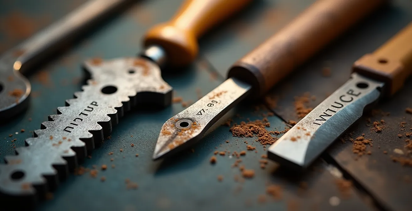 Transition visuelle montrant l'évolution d'outils anciens et patinés vers des outils modernes et épurés, symbolisant la réactivation d'une compétence.