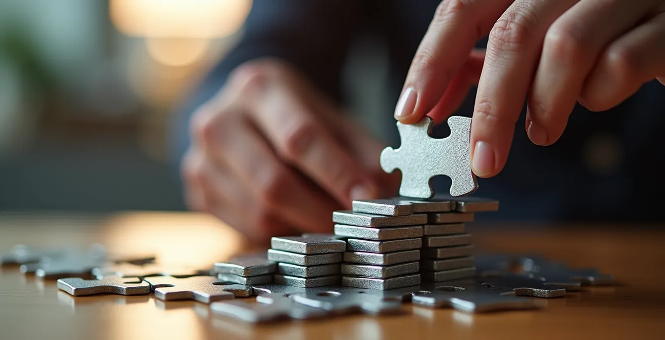 Gros plan macro sur des mains assemblant des pièces de puzzle métalliques représentant différentes compétences professionnelles