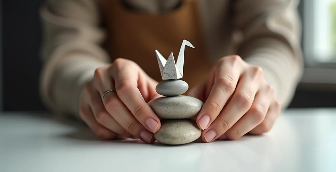 Composition symbolique montrant l'équilibre entre différents types de compétences à travers des objets métaphoriques