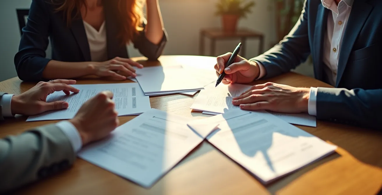 Entretien collaboratif entre un conseiller et un demandeur d'emploi dans un bureau lumineux