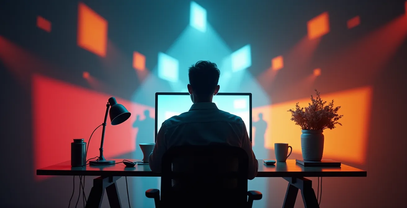 Professionnel travaillant sur sa présence en ligne avec multiples supports numériques