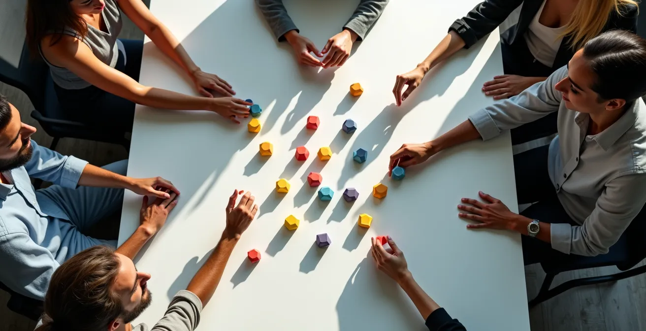Équipe diversifiée collaborant autour d'une table avec éléments ludiques abstraits