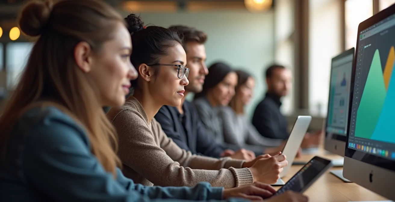 Professionnels consultant différentes plateformes sur plusieurs écrans dans un espace de coworking