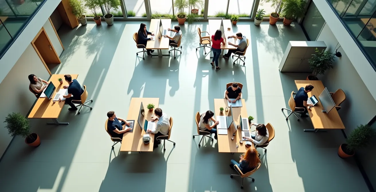 Vue aérienne d'un espace de travail moderne avec différents outils numériques