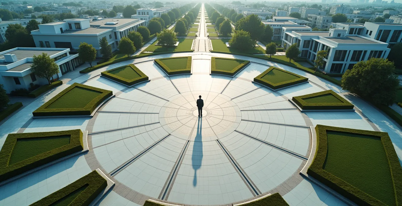Vue aérienne d'une personne au centre d'un cercle symbolique entouré de différents environnements urbains et naturels