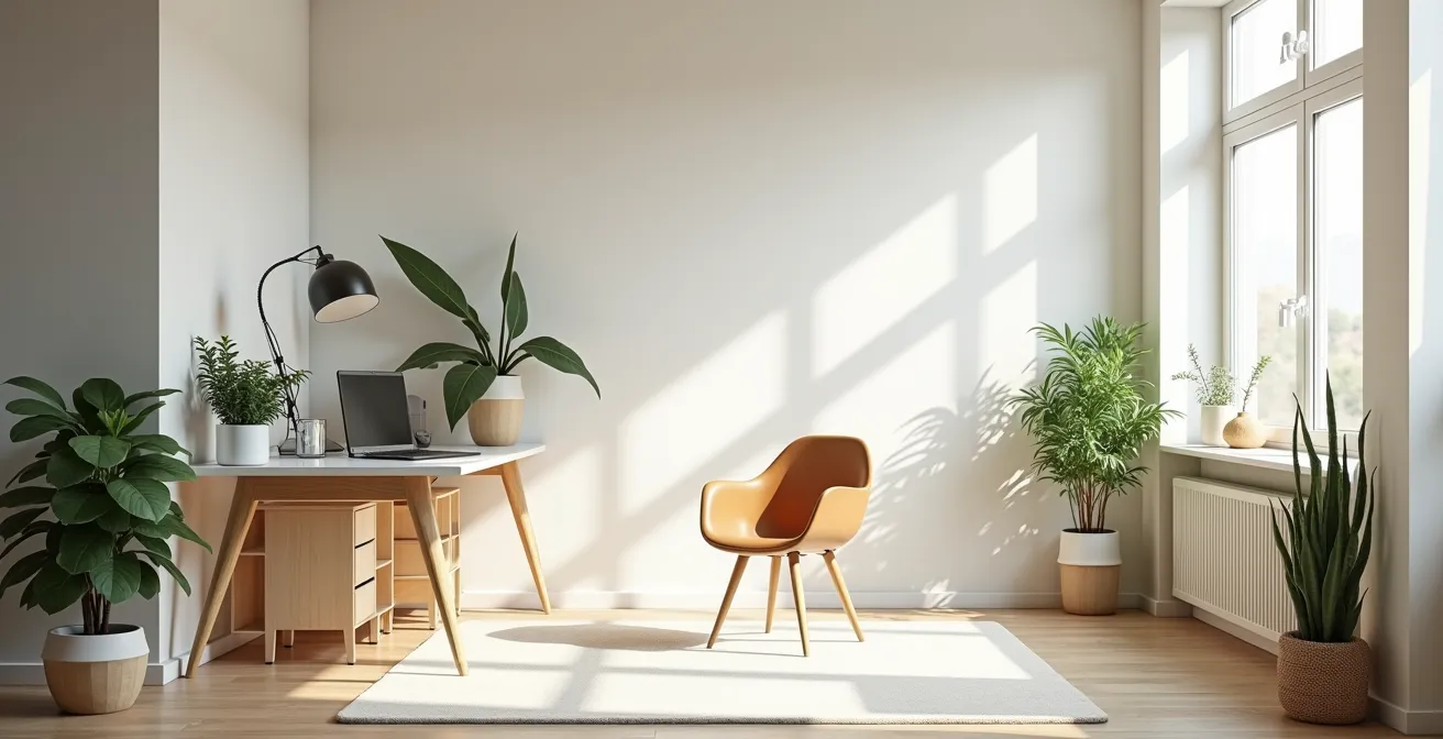 Bureau épuré avec éclairage naturel optimal pour entretien vidéo