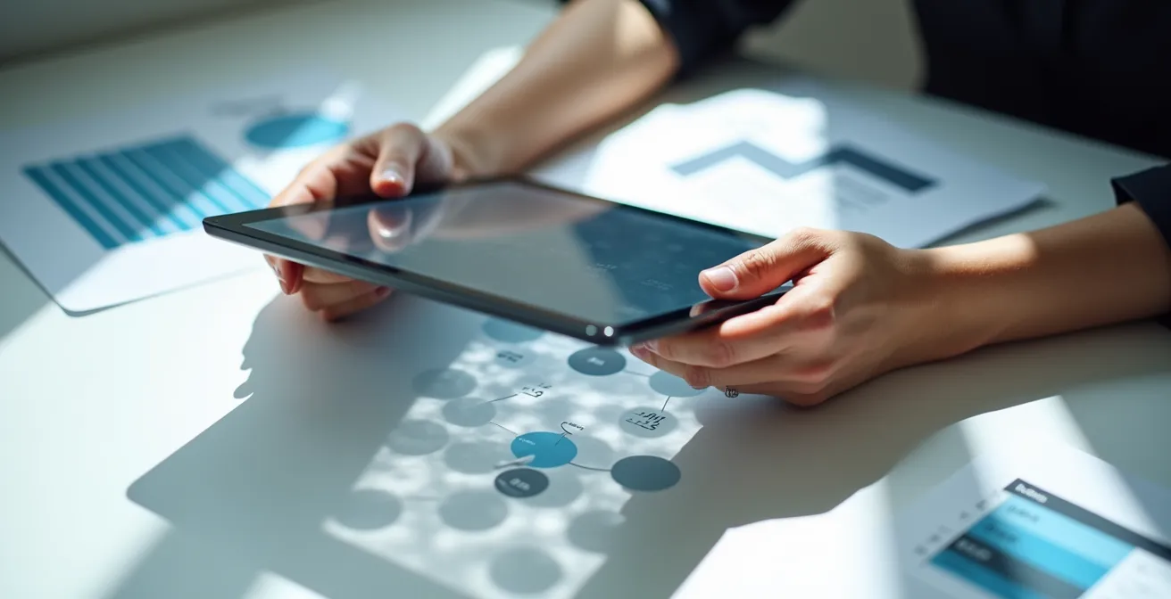Personne analysant des données sur une tablette dans un environnement de bureau lumineux