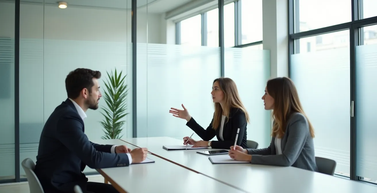 Vue d'ensemble d'un entretien d'embauche montrant l'évaluation subtile des compétences comportementales