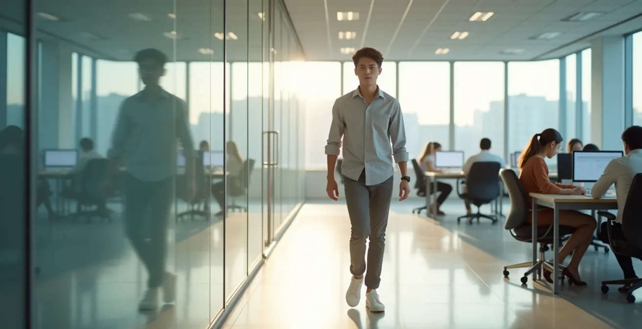 Transformation symbolique d'un étudiant en jeune professionnel dans un environnement de bureau moderne