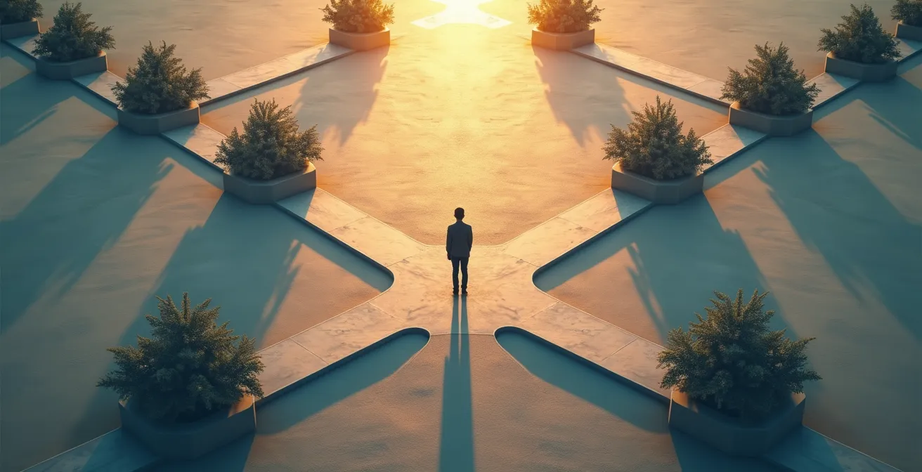 Vue aérienne d'une personne découvrant des chemins cachés menant vers différentes destinations symbolisant les plateformes d'emploi alternatives