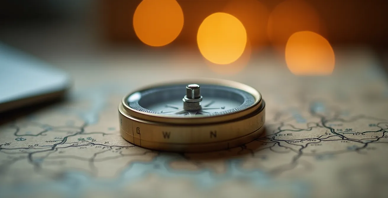 Vue macro d'un compas professionnel sur une surface texturée symbolisant l'orientation de carrière