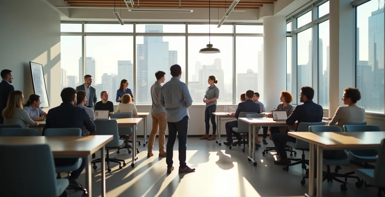 Groupe de personnes en formation dans un espace de coworking lumineux