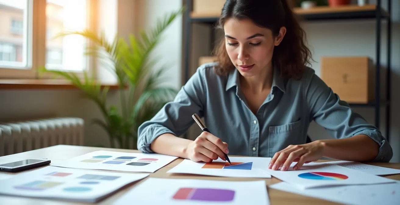 Jeune personne organisant des documents de projets personnels sur un bureau lumineux