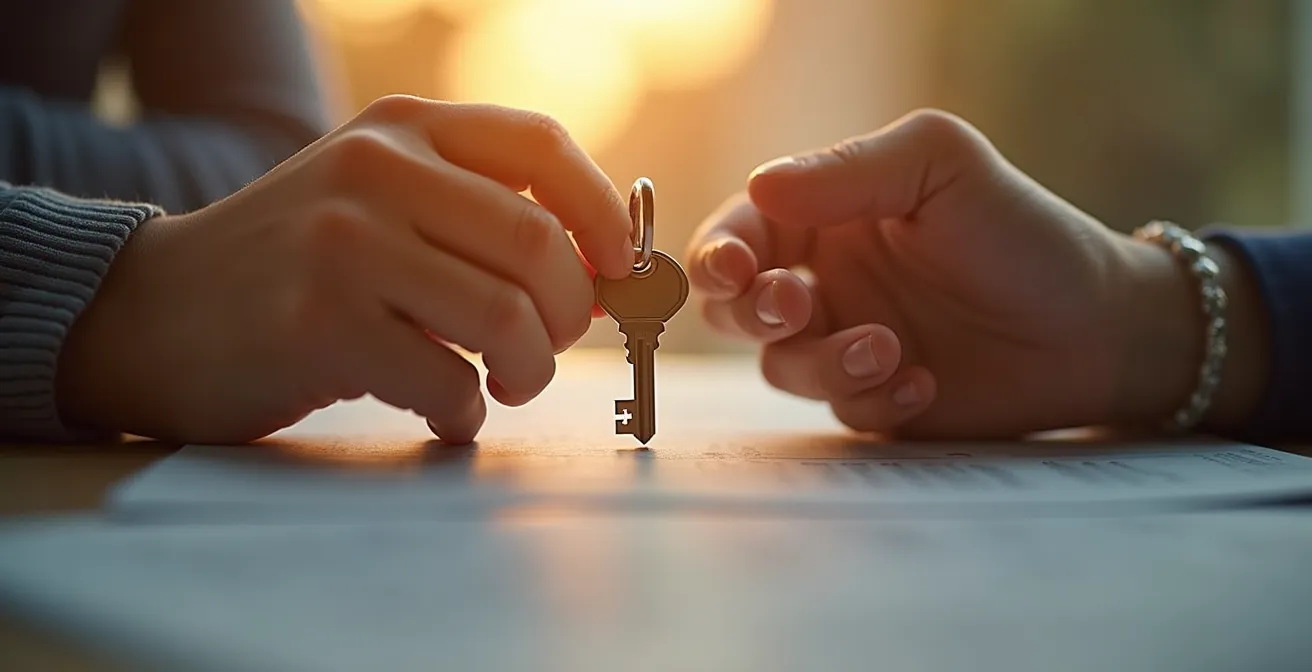 Jeune adulte souriant lors de la signature d'un bail de location avec documents flous en arrière-plan