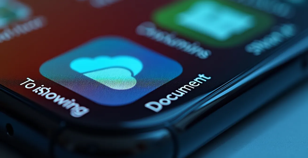 Vue macro d'un smartphone montrant des icônes d'applications cloud et de stockage de documents
