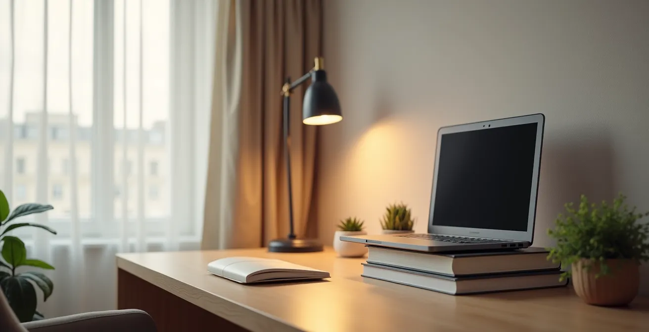 Installation d'un bureau avec équipement de visioconférence à petit budget montrant webcam, éclairage et fond neutre