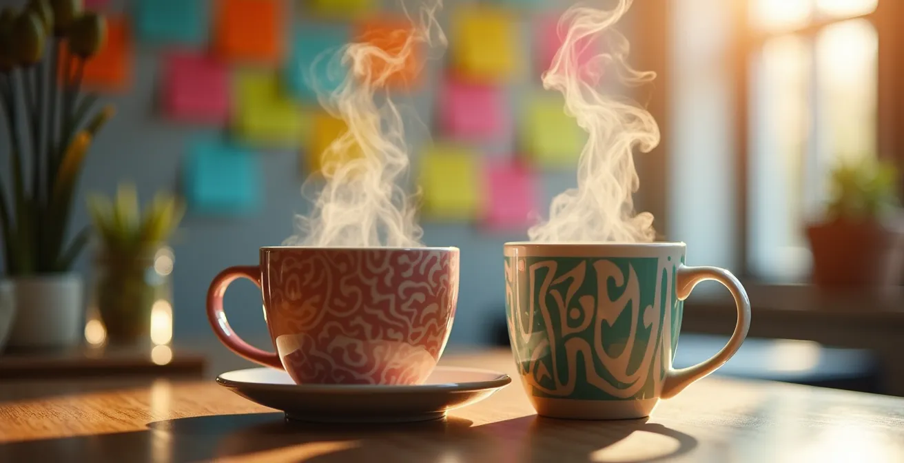 Gros plan sur une machine à café avec des tasses personnalisées et des notes informelles floues en arrière-plan