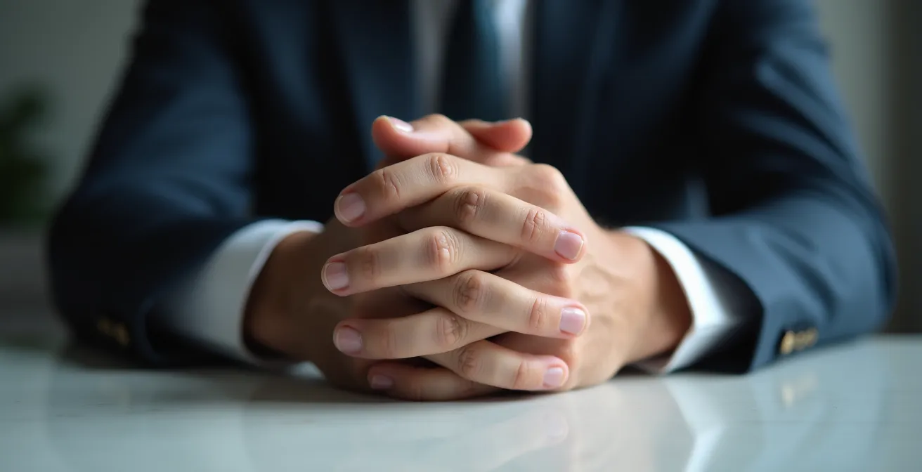 Gros plan sur les mains d'un candidat adoptant une gestuelle ouverte et professionnelle lors d'un entretien