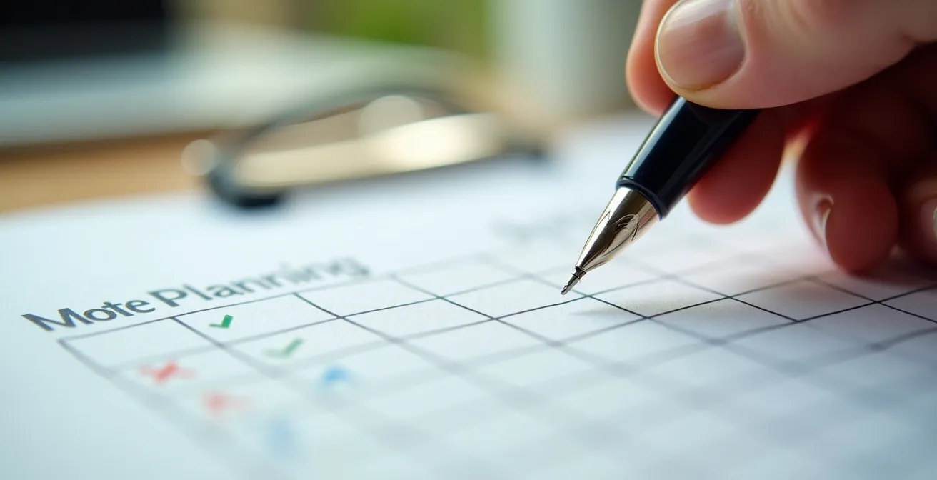 Vue macro d'une main remplissant une matrice de décision avec des critères professionnels