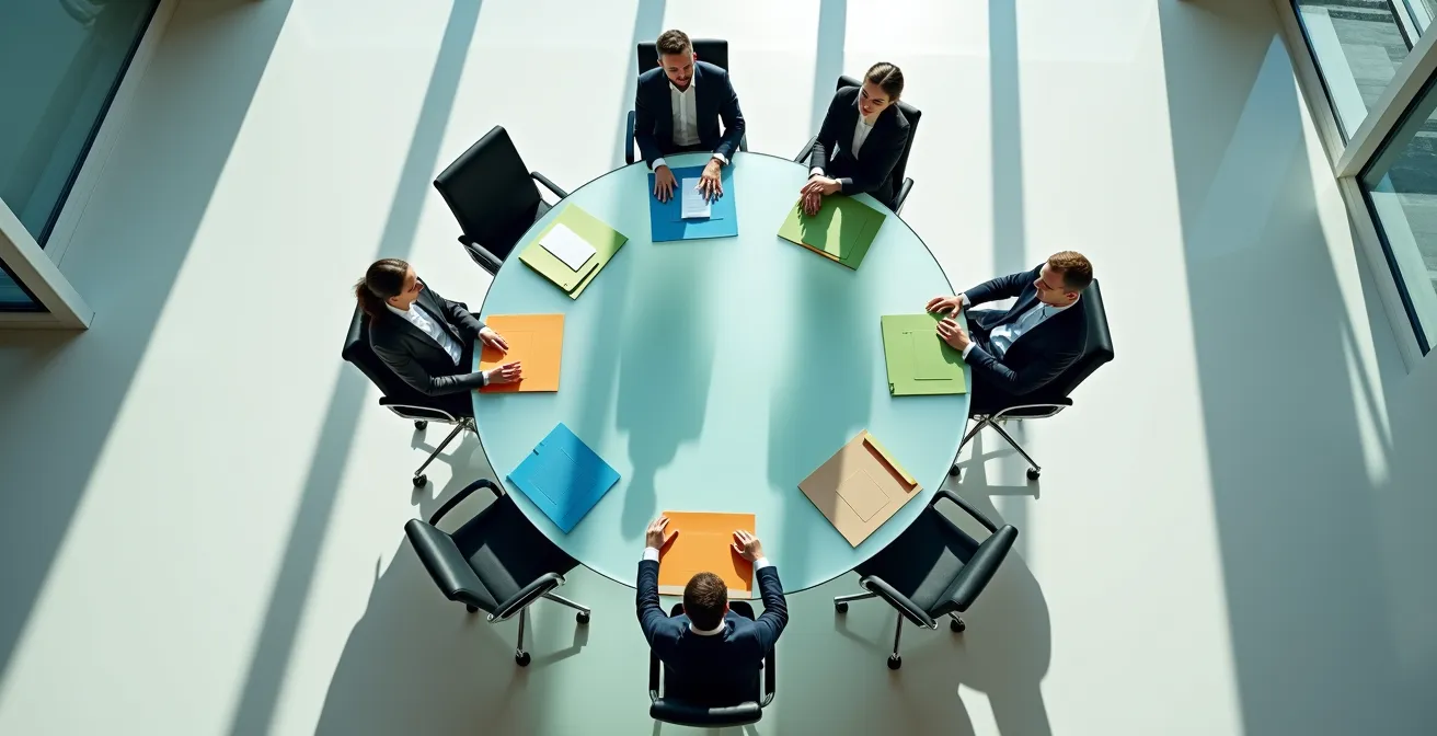 Trois professionnels en réunion autour d'une table ronde en verre, vue de dessus