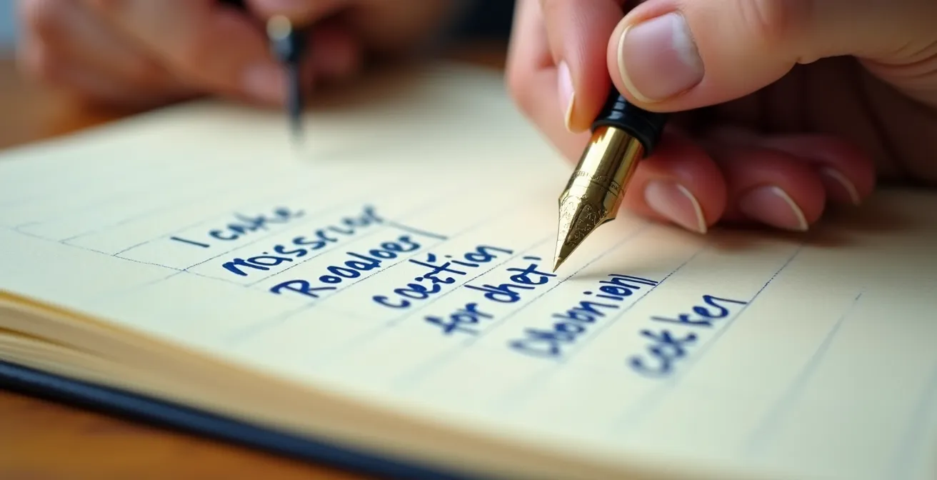 Mains tenant un stylo au-dessus d'un carnet avec des notes structurées, évoquant la préparation minutieuse d'un message de mise en relation