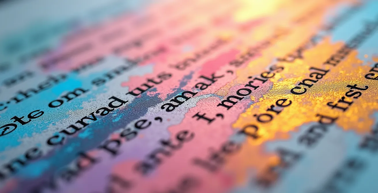 Vue macro de documents annotés avec surligneurs multicolores montrant le processus d'analyse en trois étapes