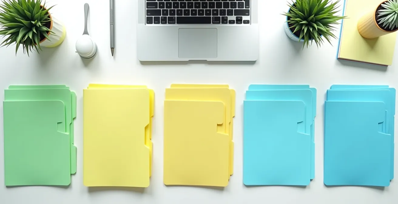 Vue aérienne d'un bureau organisé avec des dossiers colorés représentant différentes catégories de candidatures et un système de workflow visible