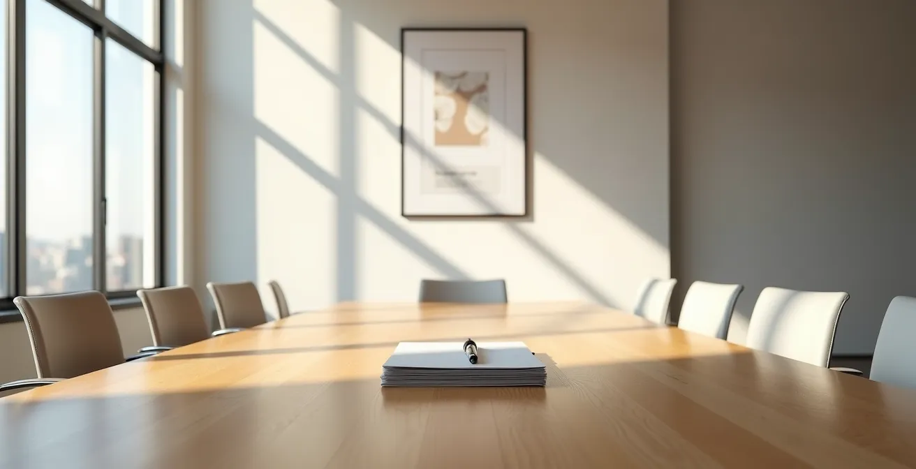 Vue minimaliste d'un bureau de négociation avec documents et espace de travail épuré