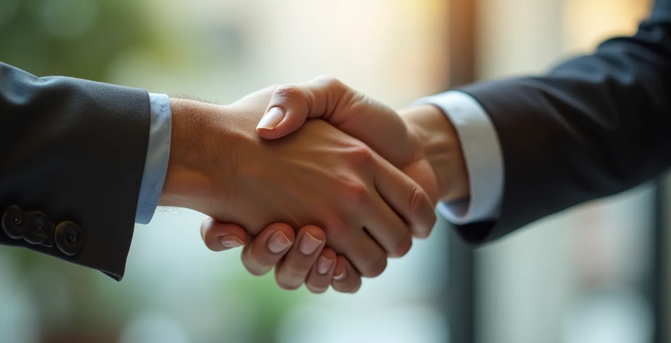 Vue macro d'une poignée de main professionnelle symbolisant un accord pour un contrat PEC