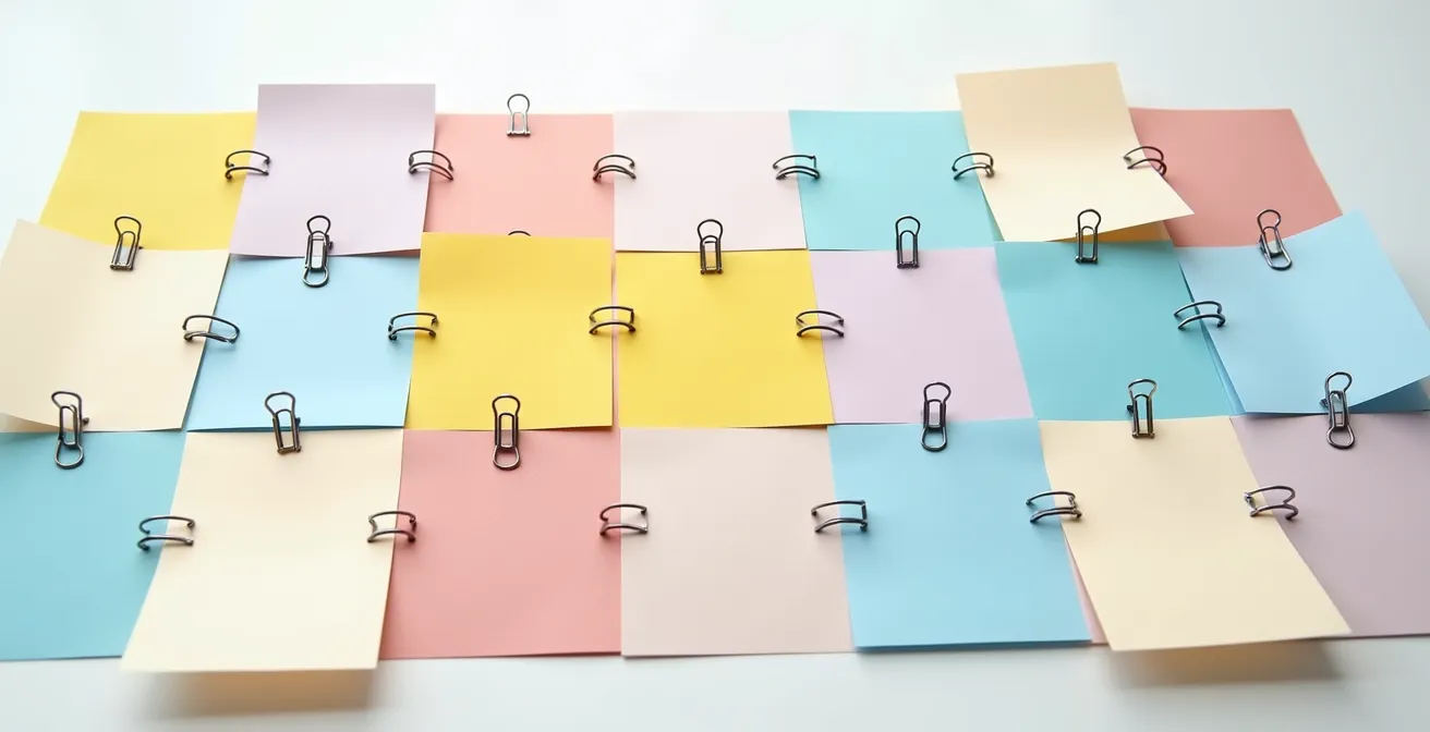 Vue aérienne d'un bureau avec sections de CV organisées en modules visuels distincts