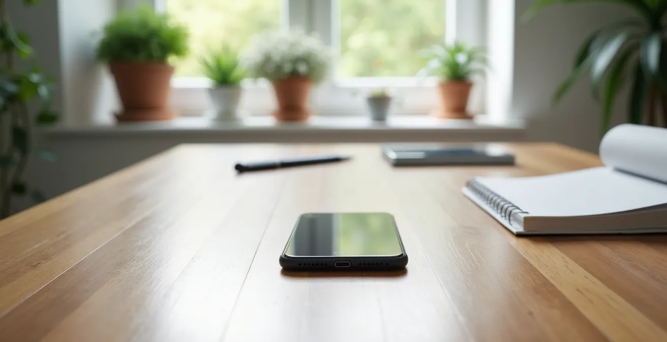 Environnement de bureau minimaliste avec smartphone posé face cachée sur un bureau épuré