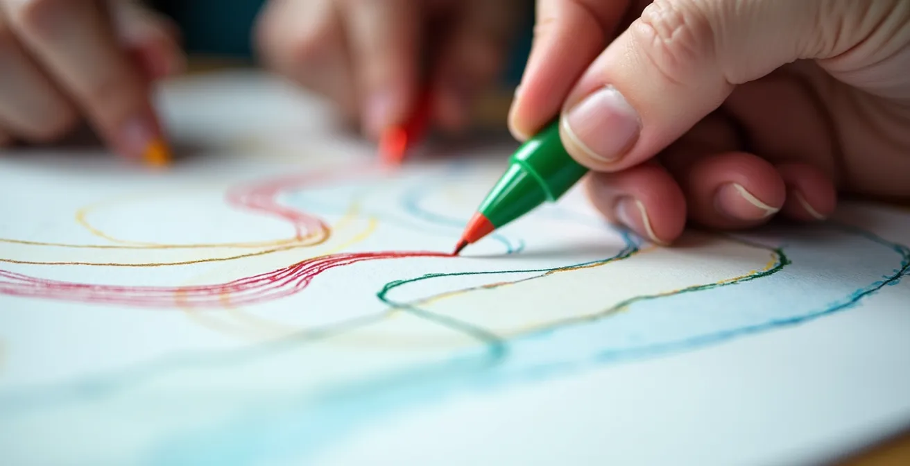 Mains traçant différentes trajectoires qui convergent vers un point central sur une surface de travail