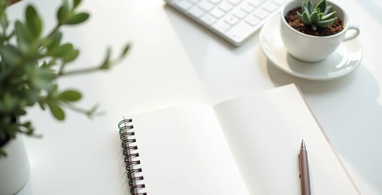 Espace de travail minimaliste avec carnet ouvert et stylo suggérant la planification d'un nouveau départ professionnel